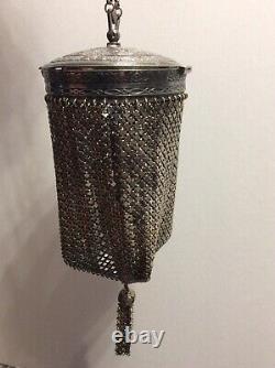 Antique Rare Armor Mesh Silver Purse with Chain Handle and Tassel