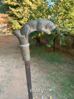 Antique Rare Iron Hand Forged Tiger Handle Top Shepherd's Sword Walking Stick