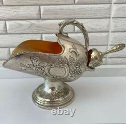 Antique Sugar Bowl Ladle Silver Plated Bronze Engraved Russian Handle Rare Old