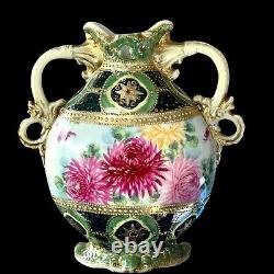 Antique Vase Moriage Double Handle Pastel Painted Mums Gold Gild Porcelain 7.5