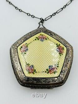 Antique Victorian Sterling Silver Yellow Enamel Guilloche Handled Compact Case