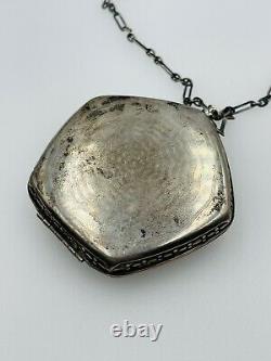 Antique Victorian Sterling Silver Yellow Enamel Guilloche Handled Compact Case