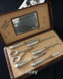 Antique Woman Manicure Set Sterling Silver Handle Art Deco Original Box Italy