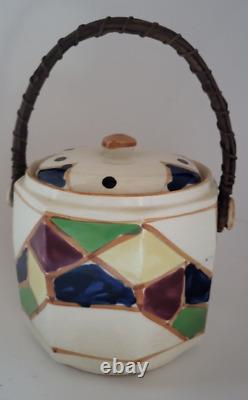 Antique hand painted Porcelain biscuit barrel lid willow handle 1930 art deco 46