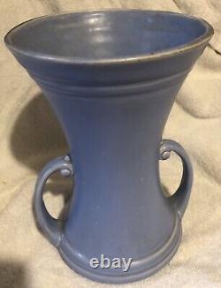 Art Deco 1940s McCoy Art Pottery Matte Blue Large 2 Handle Vase Rare To Find