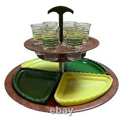 Art Deco 2-Tiered Lazy Susan Chrome Appetizer and Cordial Server 6 Glasses