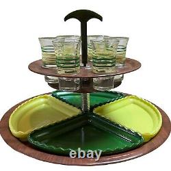 Art Deco 2-Tiered Lazy Susan Chrome Appetizer and Cordial Server 6 Glasses