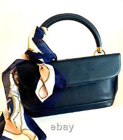 Art Deco Bag Mod 60s Blue Leather Coronet Top Handle Doctor Frame Handbag Purse