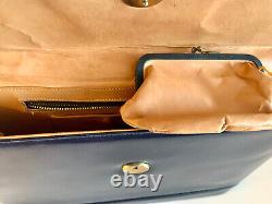 Art Deco Bag Mod 60s Blue Leather Coronet Top Handle Doctor Frame Handbag Purse
