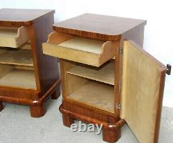 Art Deco Bedside Cabinets, Pair Tables. 1920s Vintage Antique Walnut Nightstands