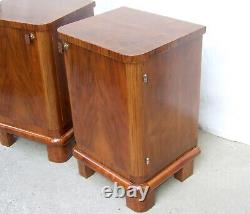 Art Deco Bedside Cabinets, Pair Tables. 1920s Vintage Antique Walnut Nightstands