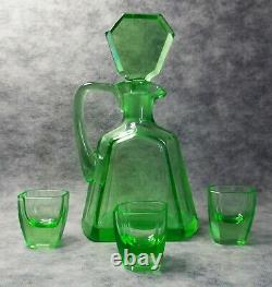 Art Deco Bohemian Faceted Green Uranium Glass Decanter with a Handle & 3 glasses