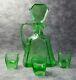 Art Deco Bohemian Faceted Green Uranium Glass Decanter With A Handle & 3 Glasses