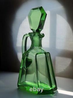 Art Deco Bohemian Faceted Green Uranium Glass Decanter with a Handle & 3 glasses