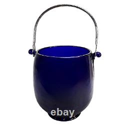 Art Deco Cambridge Cobalt Blue Glass Ice Bucket with Silver Handle England 1930's
