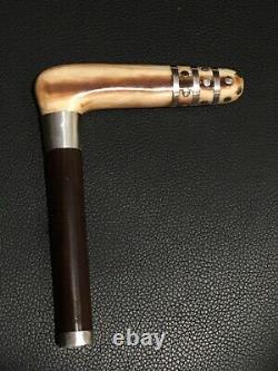 Art Deco Cane or Umbrella Handle Antler with Sterling Silver Appliqués
