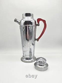 Art Deco Chrome Cocktail Shaker with Molded Columns & Red Bakelite Handle