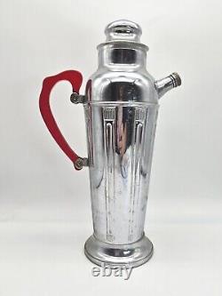Art Deco Chrome Cocktail Shaker with Molded Columns & Red Bakelite Handle