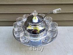 Art Deco Chrome SATURN Punch Bowl Set Lucite Handles 11 Glass Cups LEHMAN 1930s
