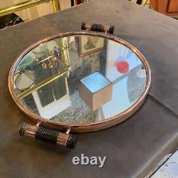 Art Deco Copper Mirrored Glass And Ebony Handles Italian Round Tray, 1930s