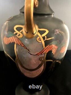 Art Deco Flying Dragon 1906 Artist Signed Hand Painted Handled Large Vase