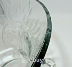 Art Deco Footed Glass Vase 11-1/8 Two Handle Engraved Etched Parrot Floral