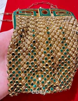 Art Deco Green Emerald Rhinestones Enamel Gold Mesh Strap Handle Purse France