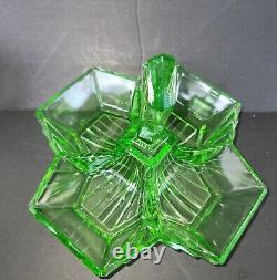 Art Deco Indiana Glass Great Pyramid #610 Green Vaseline Relish Dish Glows 1930s