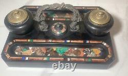 Art Deco Italian Marble with Inlay Stones Ink Well Desk Set Bronze Handle 36 lbs