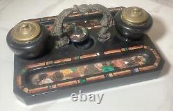 Art Deco Italian Marble with Inlay Stones Ink Well Desk Set Bronze Handle 36 lbs