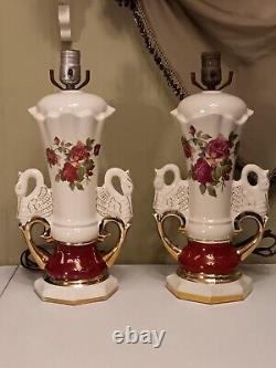 Art Deco Lamps Pair Worrall Victorian Roses Swan Handles Gold Trimmed 17 X 8