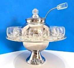 Art Deco Lehman Bros NYC Chrome Saturn Punch Bowl 12 Cups & Ladle Lucite Handles