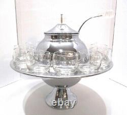 Art Deco Lehman Bros NYC Chrome Saturn Punch Bowl 12 Cups & Ladle Lucite Handles