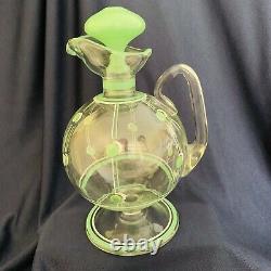 Art Deco Liqueur Decanter Green Dots & Clear Footed Engraved Czechoslovakia