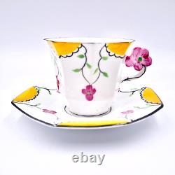 Art Deco Melba Flower Handle Cup Saucer Octagonal Floral Handpaint England