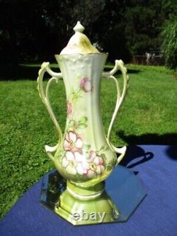 Art Deco Nippon 2 Handle Urn Vase & LID Rose Pink Wild Roses On Celedon Green