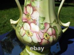 Art Deco Nippon 2 Handle Urn Vase & LID Rose Pink Wild Roses On Celedon Green