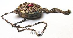 Art Deco Ornate Makeup Mirror POWDER COMPACT with Chain Handle and Tassel 579r