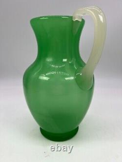 Art Deco Rare Carder Steuben Large Jade Green And Alabaster Handle Water Pitcher