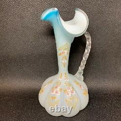 Art Deco Satin Blue/White Cased Glass Vase Floral Enamel Twisted Handle 1920's