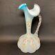 Art Deco Satin Blue/white Cased Glass Vase Floral Enamel Twisted Handle 1920's