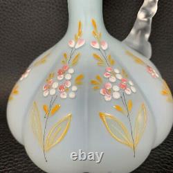 Art Deco Satin Blue/White Cased Glass Vase Floral Enamel Twisted Handle 1920's