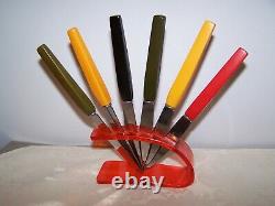 Art Deco Set Of 6 Rostfrei Fruit Knives With Bakelite Handles And Lucite Stand