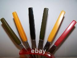 Art Deco Set Of 6 Rostfrei Fruit Knives With Bakelite Handles And Lucite Stand