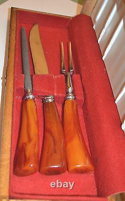 Art Deco Sheffield Bakelite handle carving Set 3 pcs Knife Fork Sharpening Rod