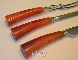 Art Deco Sheffield Bakelite handle carving Set 3 pcs Knife Fork Sharpening Rod