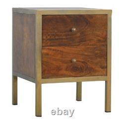 Art Deco Style Dark Wood & Gold Bedside Table With 2 Drawers And Gold Handles
