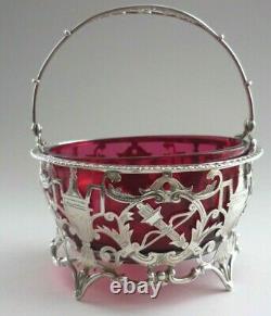 Art Deco Swing Handled London Silver Sugar Basket & Original Cranberry Liner