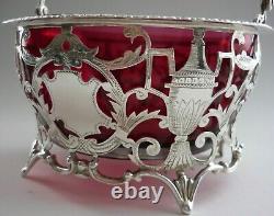 Art Deco Swing Handled London Silver Sugar Basket & Original Cranberry Liner