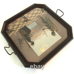 Art Nouveau Antique Lithograph Tray Wood Glass Angel Cupids Handles Footed Deco